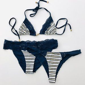Beach Bunny Navy Blue and Metallic Gold Bikini